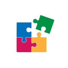 Puzzle - Vector icon. Set of four colorful piece puzzle on white background.