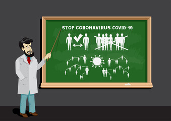 doctor shows covid-19 info on blackboard