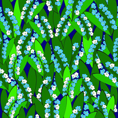 Seamless vector pattern of flowers lilies of the valley on a blue background.  - 364965936