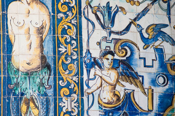 Fototapeta na wymiar panel of polychromatic tiles in Santo Amaro Chapel in Lisbon, Portugal
