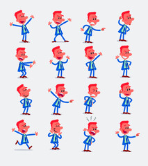 Fototapeta premium Cartoon character businessman in smart casual style. Set with different postures, attitudes and poses, doing different activities in isolated vector illustrations. 