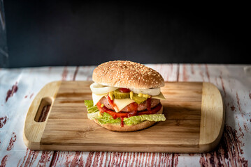 burger on a wooden table