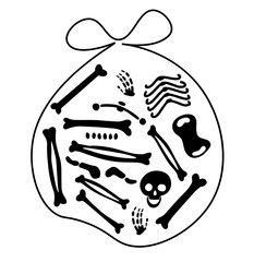 bag of human bones. black and white isolated vector illustration. disassembled human skeleton in sack.