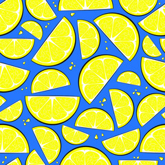 Seamless vector pattern of lemon slices on a blue background. - 364968125