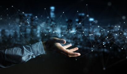 Businessman using floating digital network connections with dots and lines 3D rendering