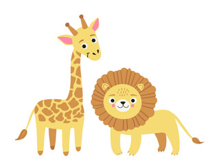 Fototapeta premium Vector cartoon illustration of cartoon cute safari animals - giraffe and lion on white background