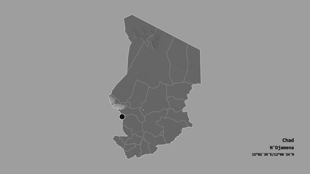 Batha, region of Chad, with its capital, localized, outlined and zoomed with informative overlays on a bilevel map in the Stereographic projection. Animation 3D