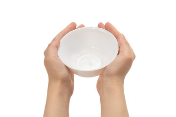 White bowl in woman hand isolated on white.