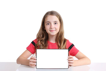 Fototapeta premium Child girl holding tablet screen front view.Kid showing display isolated on white.