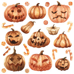Set of pumpkins for halloween. Watercolor pattern isolated on white background. Character with filthy emotions - laughter, smile, anger.