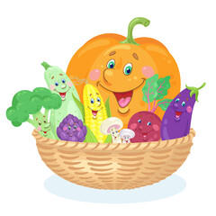 Fototapeta premium Big basket with funny vegetables. Pumpkin, broccoli, zucchini, artichoke, corn, champignon, beet and eggplant. In cartoon style. Isolated on white background. Vector flat illustration.