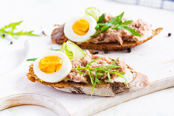 Toasts with tuna. Italian bruschetta sandwiches with canned tuna, egg and cucumber.