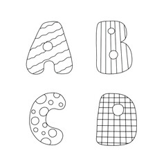 Doodle hand drawn style outline black and white letters of English alphabet, cute funny decorative lettering