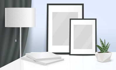 Interior with mock up posters and books on table