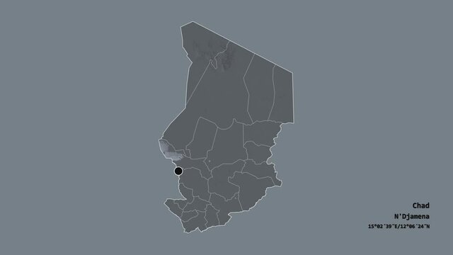 Gu&eacute;ra, region of Chad, with its capital, localized, outlined and zoomed with informative overlays on a administrative map in the Stereographic projection. Animation 3D