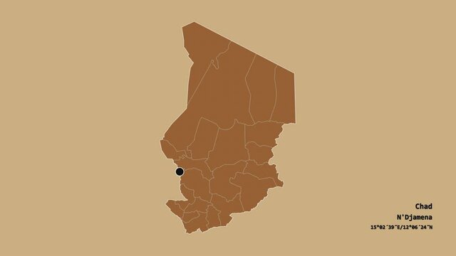 Gu&eacute;ra, region of Chad, with its capital, localized, outlined and zoomed with informative overlays on a solid patterned map in the Stereographic projection. Animation 3D