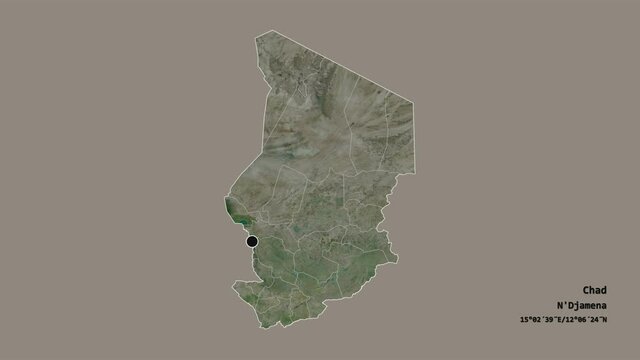 Gu&eacute;ra, region of Chad, with its capital, localized, outlined and zoomed with informative overlays on a satellite map in the Stereographic projection. Animation 3D