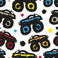 Multicolored monster truck sketches isolated on a white background. Cute childish seamless pattern. Hand drawn vector flat graphic illustration. Texture. © far700