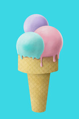Cute melting ice cream in waffle cone. Summer food. Refreshing dessert. Yummy snack. Creamy and tender sweets. Cold ice cream on blue background