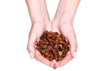 A handful of dark seedless raisins in female hands. Top view