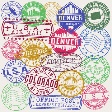 Denver Colorado Set of Stamps. Travel Stamp. Made In Product. Design Seals Old Style Insignia.