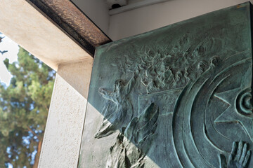 The decoratively decorated bronze front door of the Stella Maris Monastery which is located on...