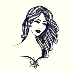 Beautiful woman with elegant makeup and long, wavy hairstyle.Fashion model.Smiling young lady portrait.Cosmetics and spa icon.Hair salon and beauty studio illustration.