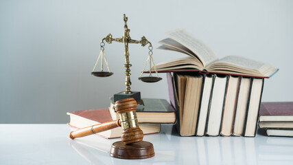 Law and justice concept. Lawyers desk. Judge's gavel,  - 364974994