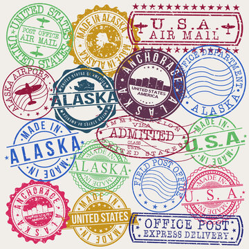 Anchorage Alaska Set of Stamps. Travel Stamp. Made In Product. Design Seals Old Style Insignia.