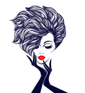 Beautiful woman with elegant makeup and wavy hairstyle, wearing gloves in her hands.Fashion model.Front view young lady portrait.Cosmetics and spa icon.Hair salon and beauty studio illustration.