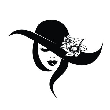 Beautiful woman with elegant hairstyle and makeup, wearing a hat with decorative flower.Fashion model.Smiling lady portrait.Cosmetics and spa icon.Fashion, hair salon and beauty studio logo.