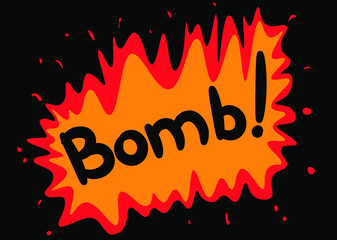 The inscription bomb. Black, red, yellow colors. Comic text, vector, cartoon. Template illustration for background, cover, icon.