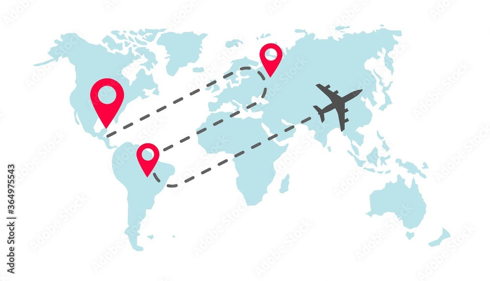 Poster plane global world map flight way path trace with arrival pin pointer markers or track airplane worl