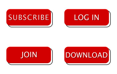 Set of red with frame square buttons for web, social networks. Subscribe, download, log in and join button isolated on white background. Vector illustration.