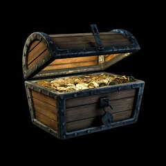 old pirate chest opened with golden coins inside. Isolated on black. 3d rendering.