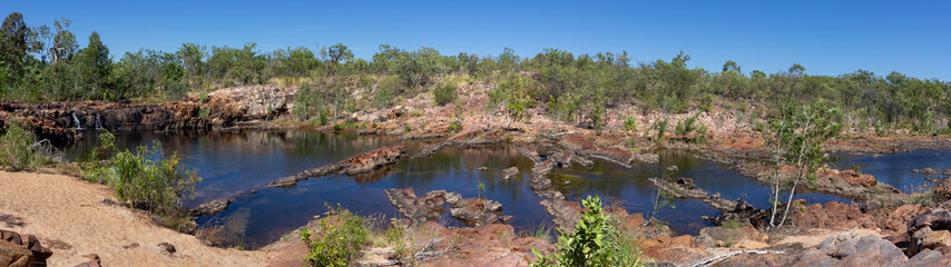 Fototapeta na wymiar Water stream on the way to the Upper Pool. Panoramic landscape. Florence falls, Litchfield national park, Northern Territory NT, Australia