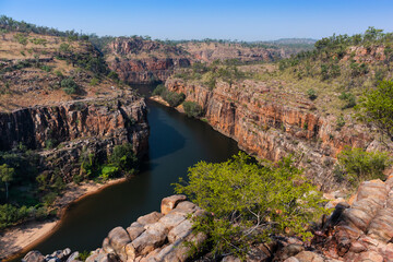 Aerial view of the Katherine gorge. Katherine river turning among the escarpment walls. Aerial...