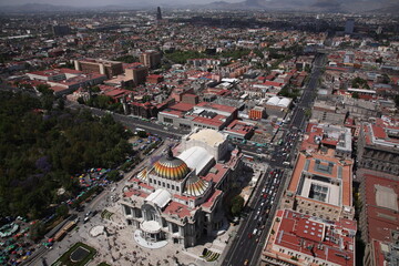 Aerial View of Mexico City with The Palacio de Bellas Artes (Palace of Fine Arts) cultural center in Mexico City, Mexico