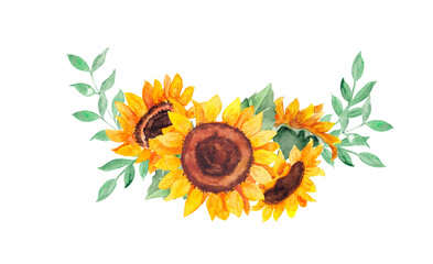 Beautiful flower bouquet with sunflowers for your design. Hand painted illustration on a white background.  Can be used for wedding invitations, greeting cards, birthdays and baby cards.