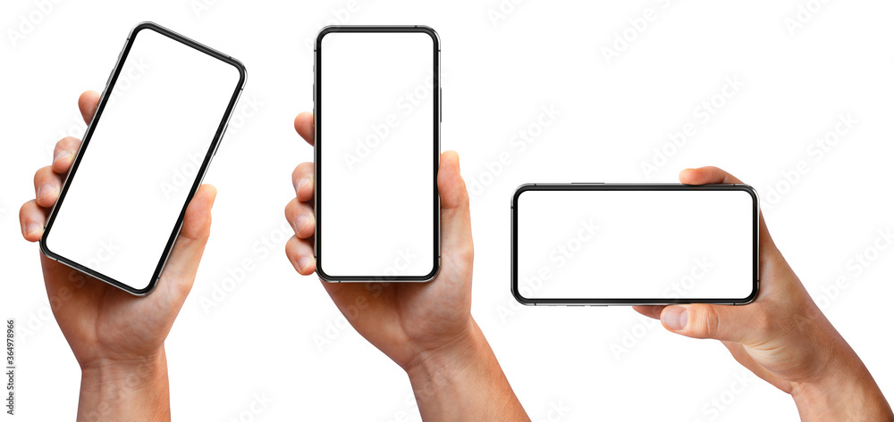 Wall mural man hand holding the black smartphone with blank screen and modern frameless design three positions 
