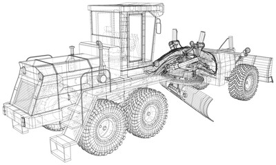 Vector Wire-frame Road grader. The layers of visible and invisible lines are separated. EPS10 format. Vector created of 3d.