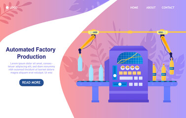 Automatic packing soda concept. Production and packaging of soda at the factory. The bottles are moved on a conveyor belt and filled with a carbonate drink in the machine. Flat Vector Illustration