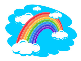 Rainbow in the blue sky with clouds. Editable illustration on a transparent background for the design of a greeting card, flyer. Vector