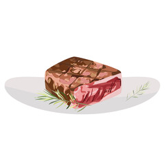 A piece of meat on a white plate with rosemary. Steak