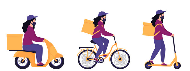 A set of courier girls in protective masks deliver parcels on a motorcycle, bicycle and electric scooter. Safe food delivery.
