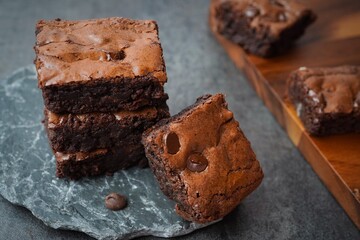 Homemade chewy fudge chocolate brownies, selective focus