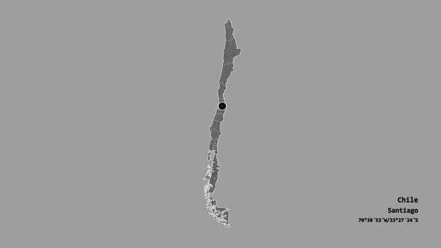 Araucan&iacute;a, region of Chile, with its capital, localized, outlined and zoomed with informative overlays on a bilevel map in the Stereographic projection. Animation 3D