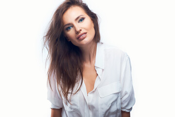 close-up portrait of a beautiful woman on a white background in a light shirt