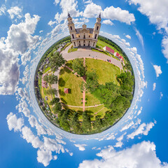 Little planet panorama of Budslav, Belarus. Drone aerial panorama