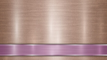 Background consisting of a bronze shiny metallic surface and one horizontal polished purple plate located below, with a metal texture, glares and burnished edges